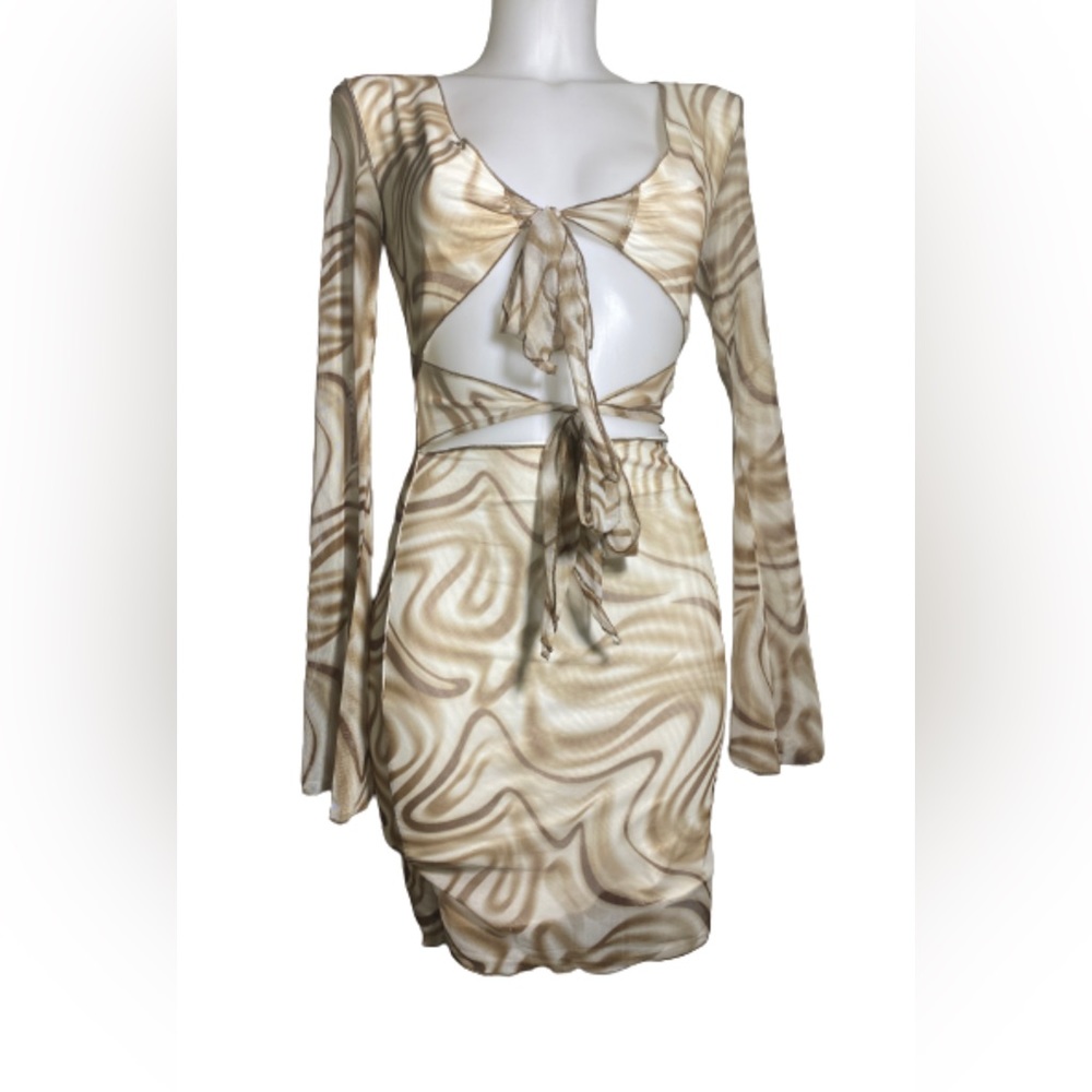 Princess Polly Baewatch Taupe/Brown & White Tie Front Long Sleeve Mini Dress S